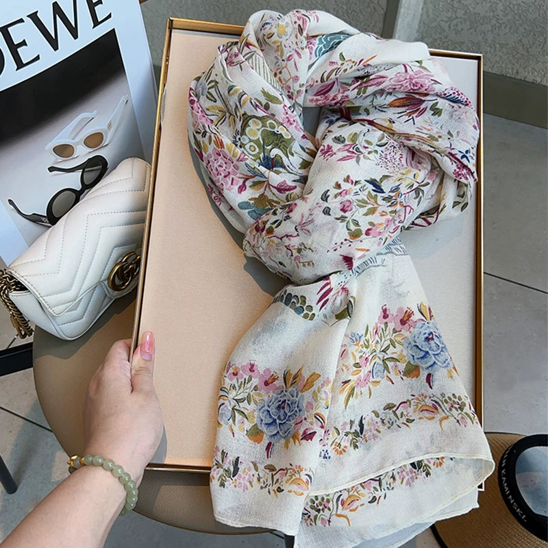 Cotton and Linen Scarf Female Original Design Birds and Flowers Pastoral Style Versatile Warm and Beautiful Neck Shawl Spring and Autumn New