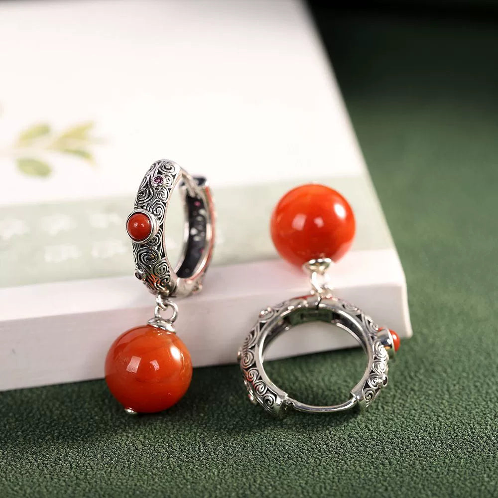 Ethnic Style Retro Classic Earrings with Red Beads Earrings Hollow Out Old Women's Temperament Ear Jewelry