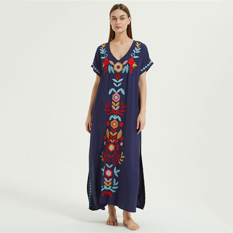 Artificial Cotton Embroidered Beach Cover Up, Long Robe Style Embroidered Dress, Beach Bikini Sun Protection Cover Up