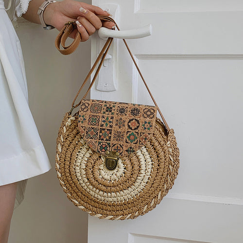 Summer Ethnic Style Woven Literature and Art Sen Series Bag for Women's Crossbody, Minority Grass Woven Large Capacity Round Cake Bag