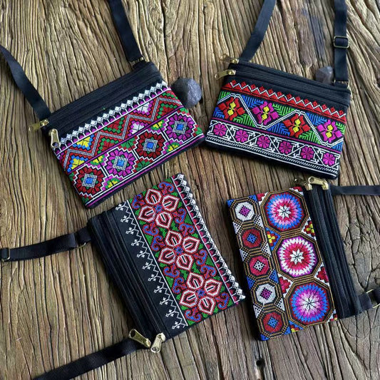 New Ethnic Style Cross Stitch Wallet Double Pull Crossbody Bag One Shoulder Embroidery Bag