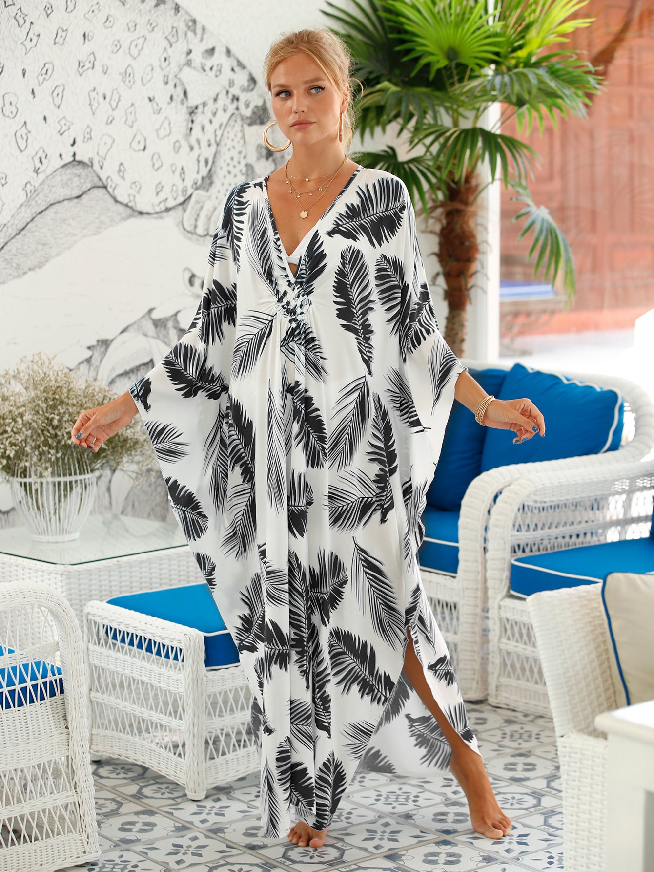 Printed Chest Knitted Beach Cover Up Loose Oversized Vacation Sun Protection Shirt Bikini Cover Up