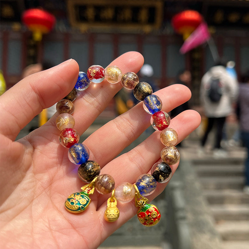 Multi-treasure Fragrant Ash Glass Beads Bracelet Five-color Orb Swallowing Gold Beast Couple Prayer Beads Bracelet.