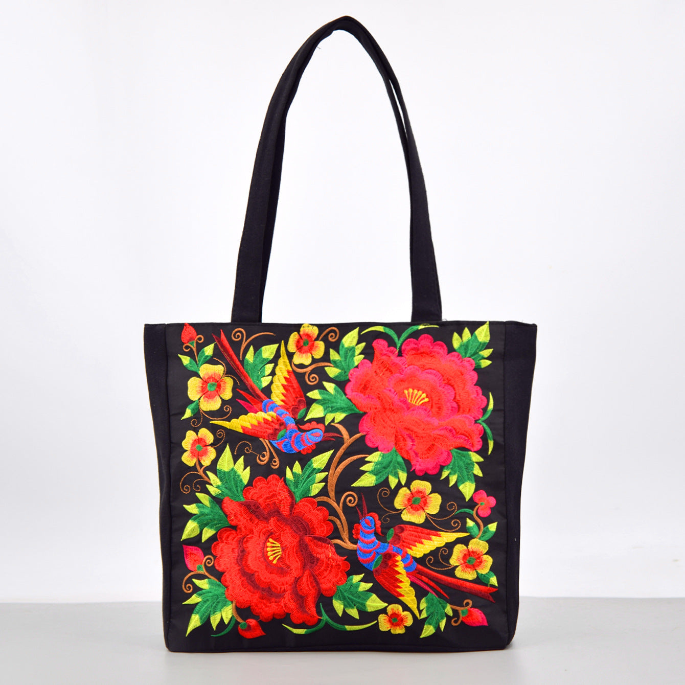 Ethnic Style Embroidered Shoulder Bag with Large Capacity Women's Tote Bag, Canvas, National Style Peony Handbag, Shopping Bag