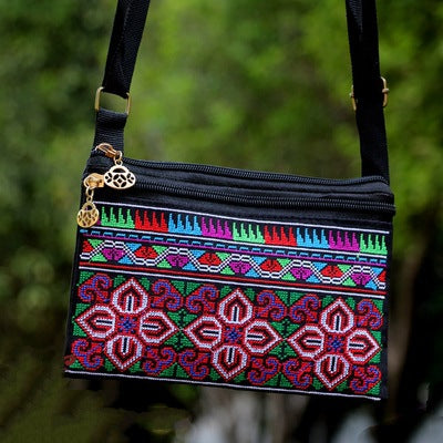 New Ethnic Style Cross Stitch Wallet Double Pull Crossbody Bag One Shoulder Embroidery Bag