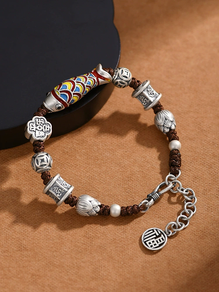 New Fashion Enamel Koi Bracelet Men's and Women's Retro Ethnic Style Woven Shore Hand Rope