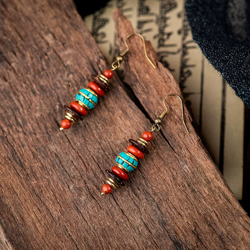 Retro Ethnic Style Nepalese Earrings, Natural Red Stone Earrings, Simple and Atmospheric Versatile Tibetan Niche Design Earrings