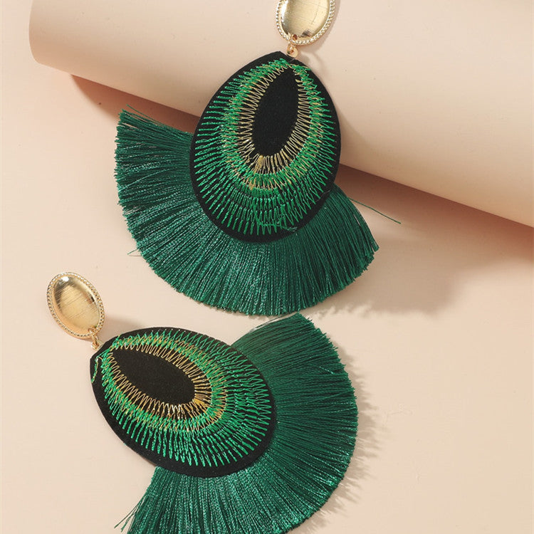 Bohemian peacock feather tassels exaggerated long earrings