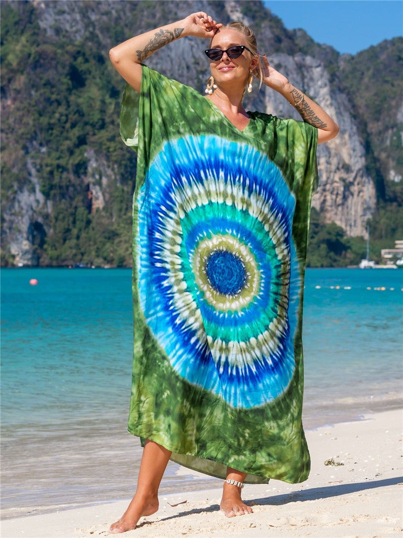 Hot Cotton Watermark Printed Beach Cover Up Robe Style Beach Vacation Sun Protection Bikini Cover Up