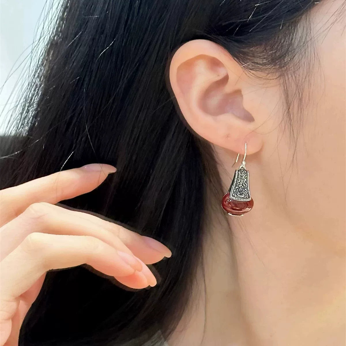 925 Silver Retro Tang Grass Pattern Red Lantern Agate Earrings Ear Hook Water Bottle Ethnic Style Niche High Sense