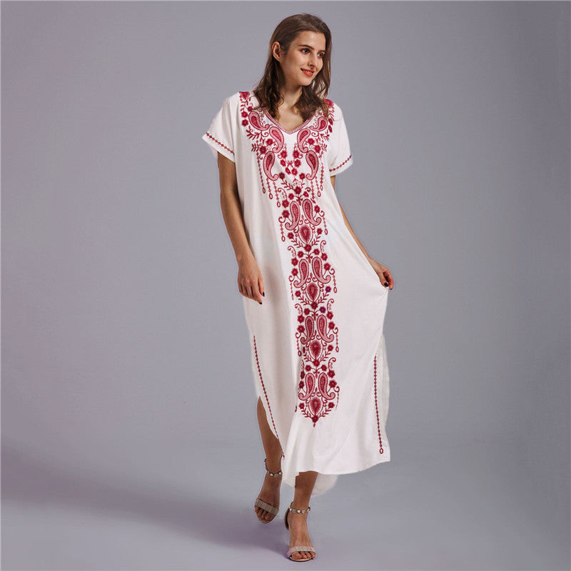 Artificial Cotton Embroidered Beach Cover Up, Long Robe Style Embroidered Dress, Beach Bikini Sun Protection Cover Up