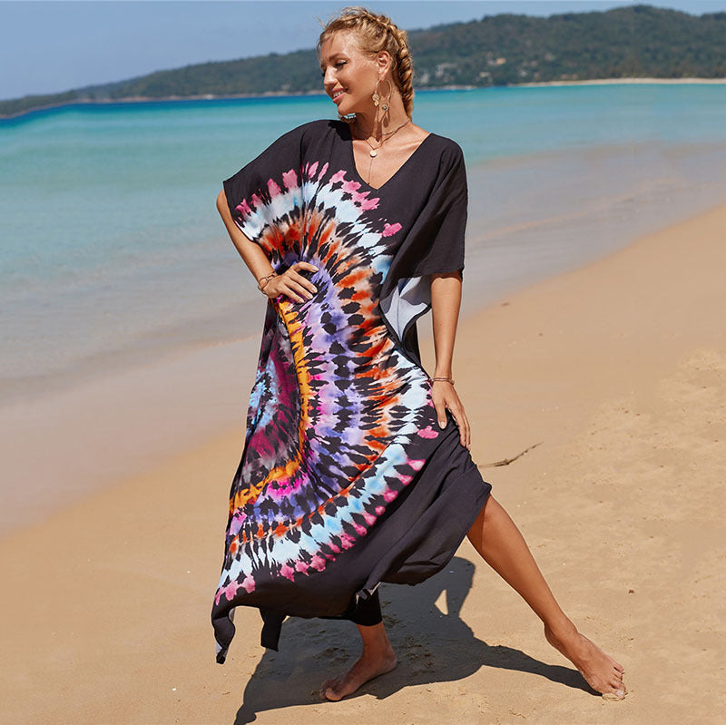 Hot Cotton Watermark Printed Beach Cover Up Robe Style Beach Vacation Sun Protection Bikini Cover Up