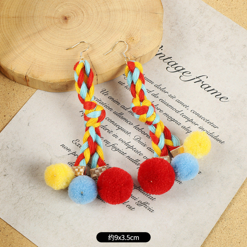 Ethnic Style Plush Ball Earrings Vintage Bohemian Long Personalized Colorful Plush Ball Earrings Holiday Tassel Earrings