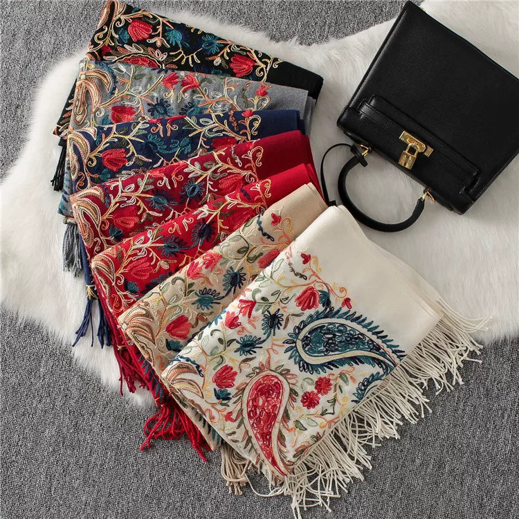 Autumn and Winter New Nepal Imitation Cashmere Cotton Embroidery Colorful Cashew National Scarf