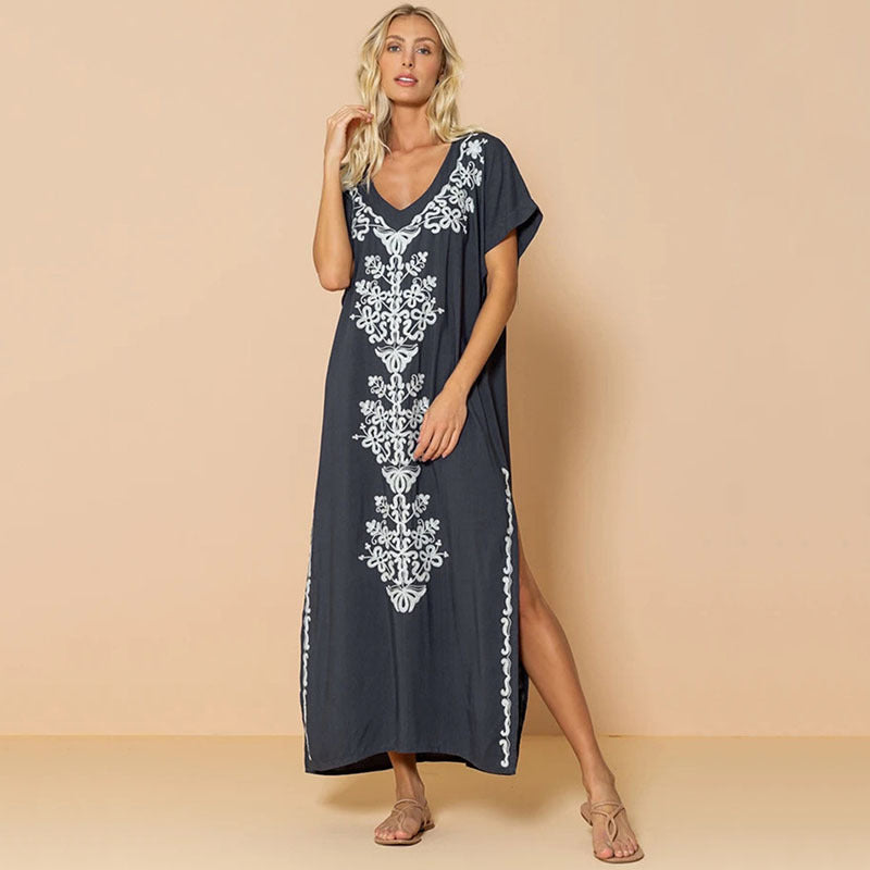 Artificial Cotton Embroidered Beach Cover Up, Long Robe Style Embroidered Dress, Beach Bikini Sun Protection Cover Up