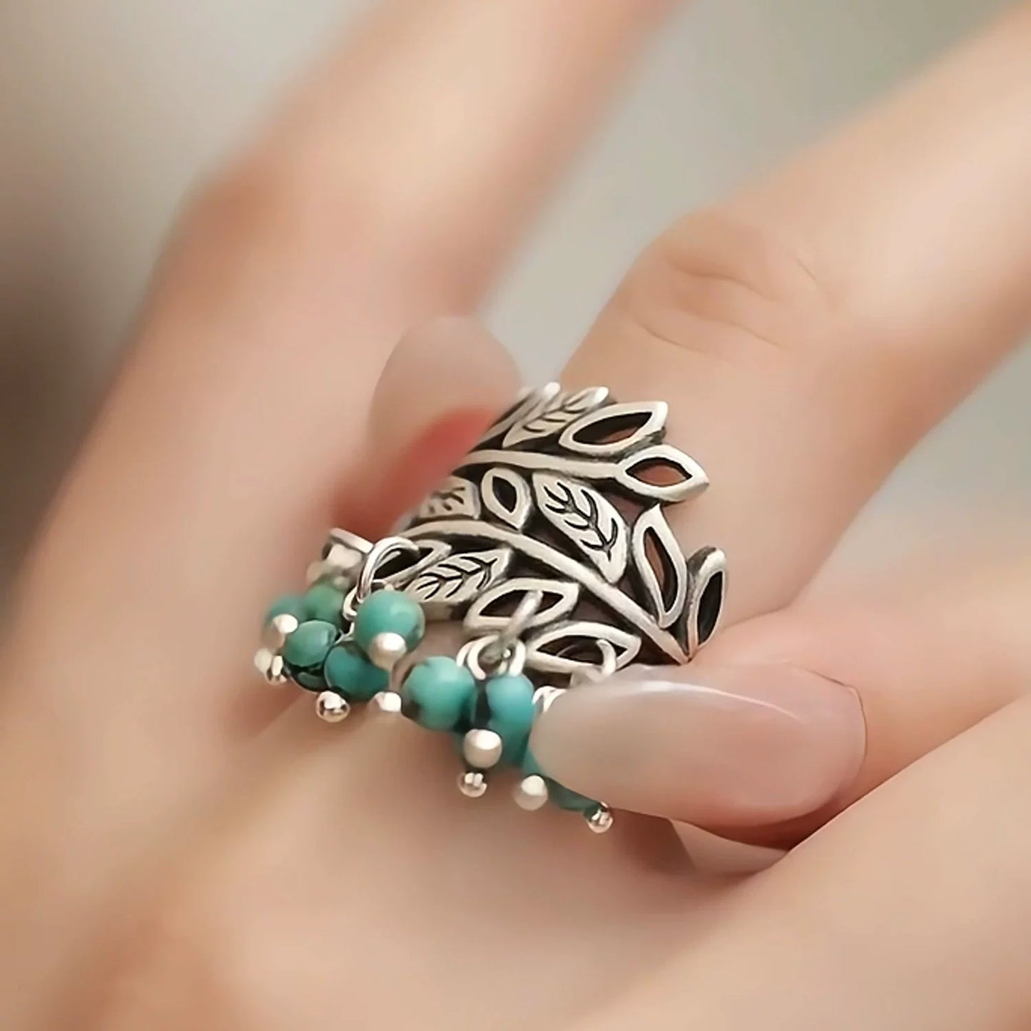 Silver New Retro Old Turquoise Fringed Ring Ethnic Style Tang Grass Flower Hollow Hammer Ring