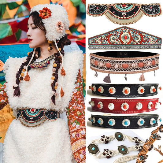 Retro Ethnic Tibetan Clothing Belt Elastic Waist Belt Turquoise Beading Accessories Tibetan Robe Lady Belt