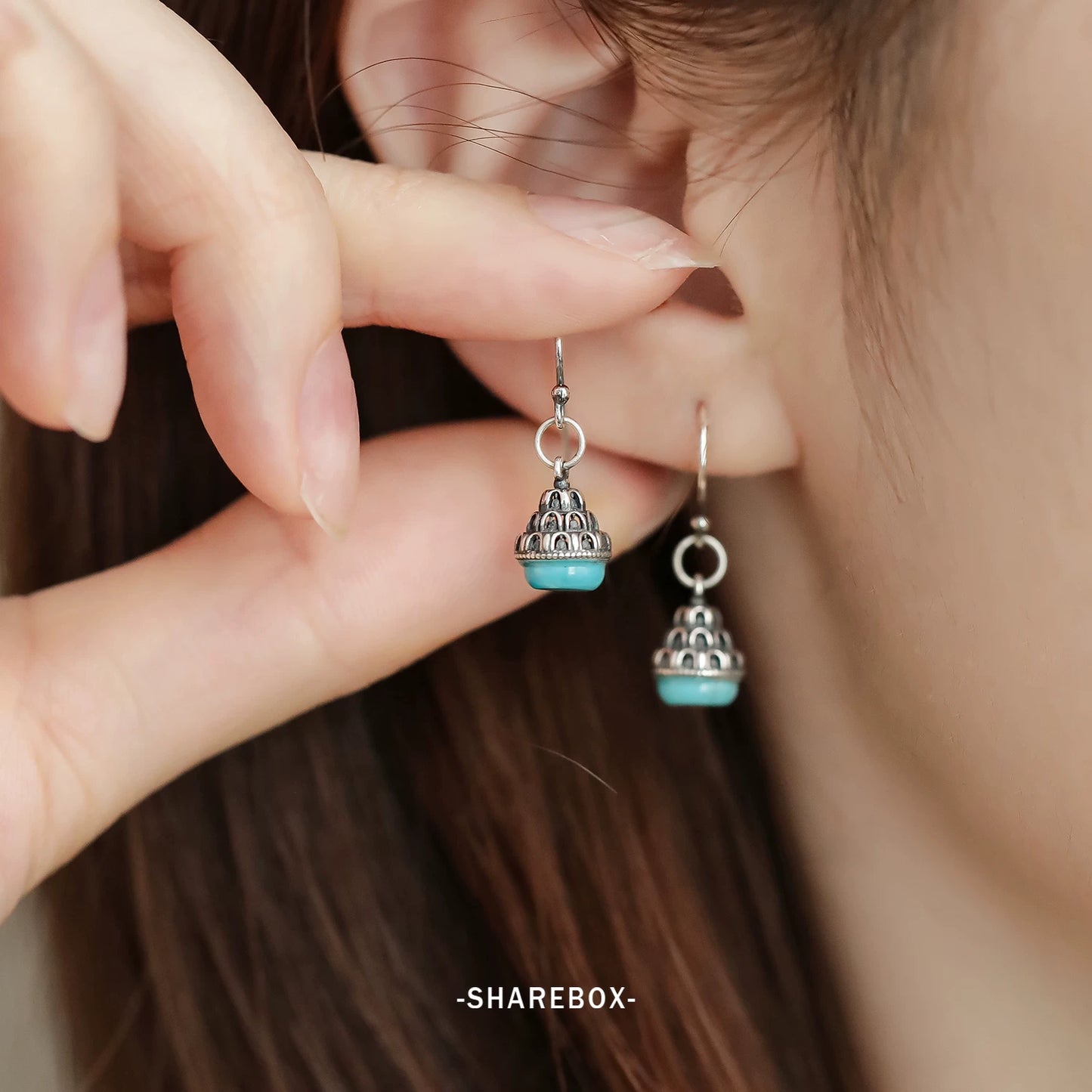 S925 Silver Turquoise Inlaid Wanfo Pendant, Ear Hook Earrings Women's New Tibetan Style Earrings