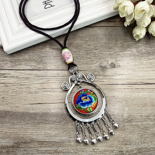 Retro Fashion Ethnic Embroidery Flower Necklace Tassel Pendant Sweater Chain