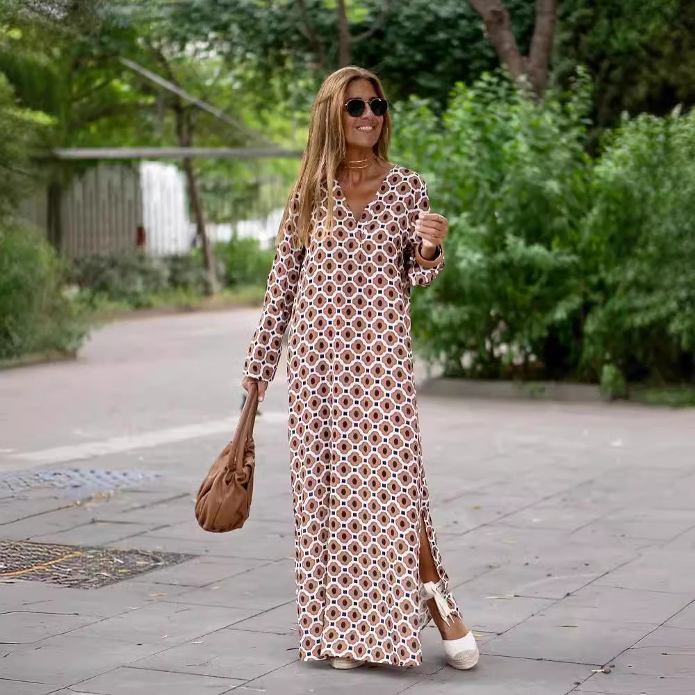 Summer New Products Fashion Printing V-neck Long Dress Women