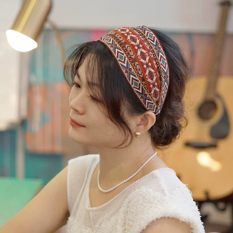 Variable Width Exquisite Embroidery Ethnic Style Headband, Wide Edge Headband Women's New Model