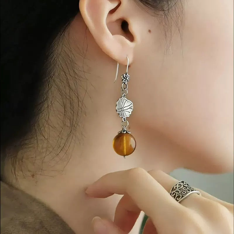 Retro 925 Silver Lotus Leaf Earrings Women's New Style Temperament Versatile Earrings Round Beads Irregular Earrings