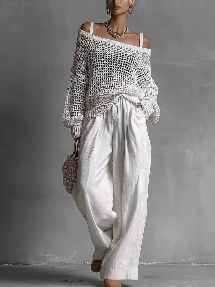 Popular Women's Comfortable Hollow Knitted Top and Linen Pants Two-piece Set