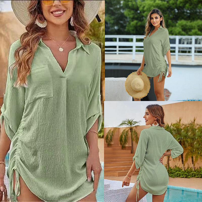 Drawstring Shirt Collar Beach Jacket Head Bikini Swimsuit Blouse Vacation Sunscreen Shirt