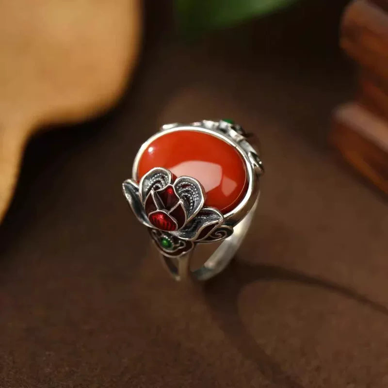 Nanhong Agate Rose S925 Silver Ring Women's 2026 New Popular Niche Design Ethnic Style Index Finger Ring