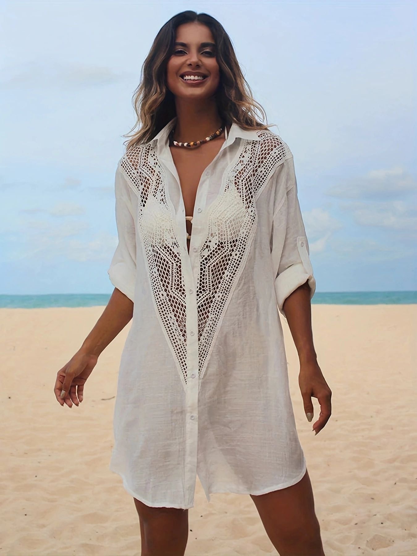 Lace Spell Bamboo Shirt Beach Blouse Sexy Hollow Sunscreen Bikini Blouse Cover Up