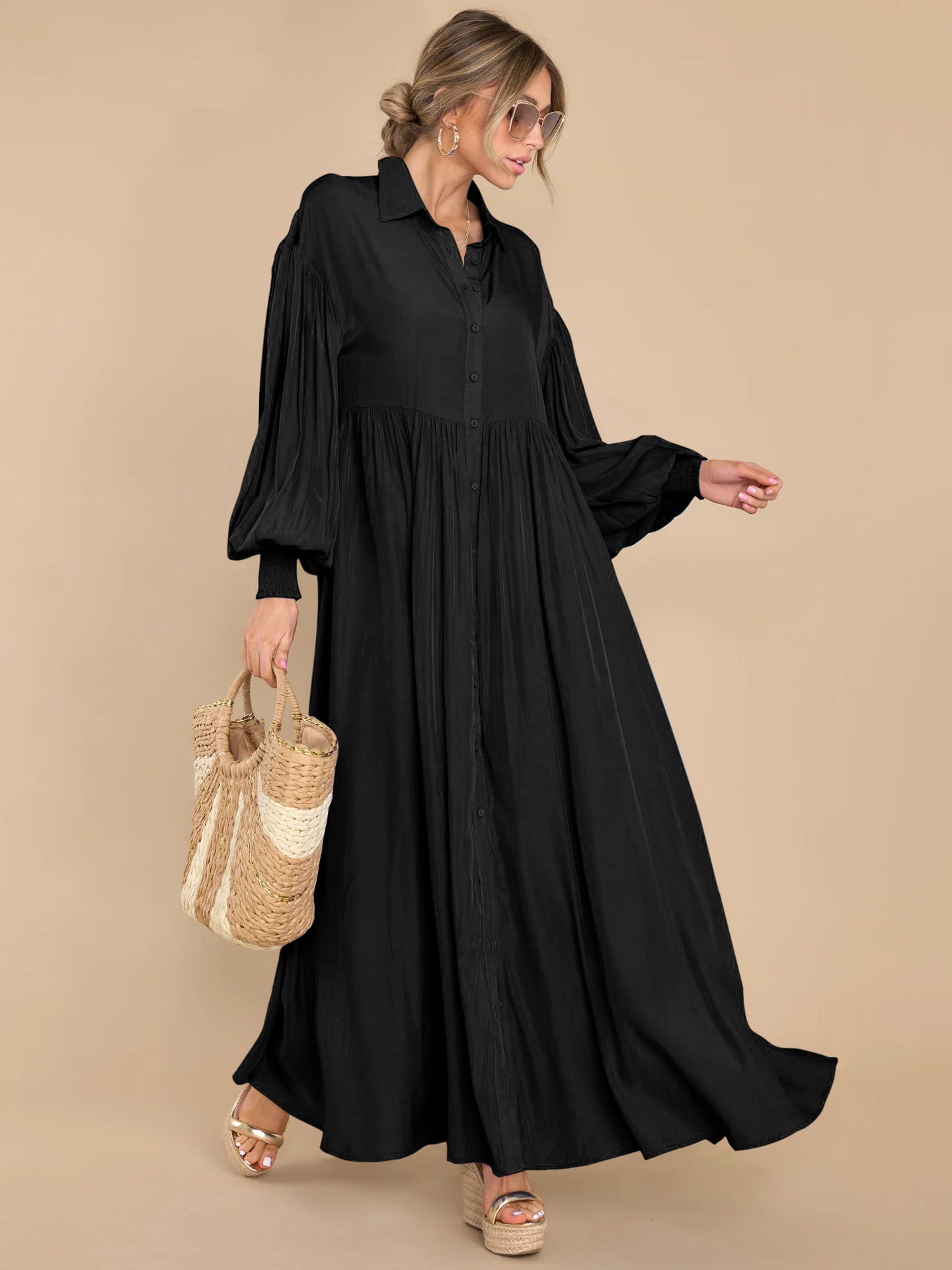 Autumn and Winter New Product Long Solid Color Dress Button Long Dress Loose Oversized Swing Skirt