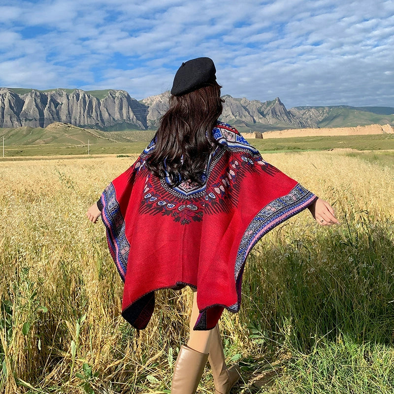 Tibetan Great Retro Totem Red Warm Outer Shawl Women's Scarf Autumn and Winter Cloak Big Cloak