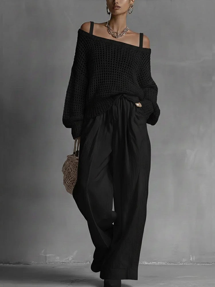 Popular Women's Comfortable Hollow Knitted Top and Linen Pants Two-piece Set