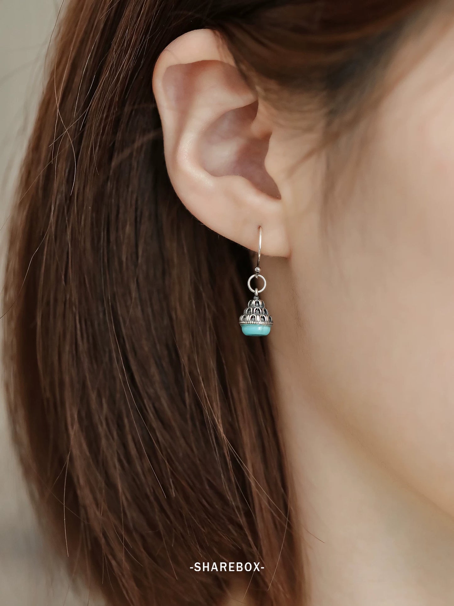 S925 Silver Turquoise Inlaid Wanfo Pendant, Ear Hook Earrings Women's New Tibetan Style Earrings
