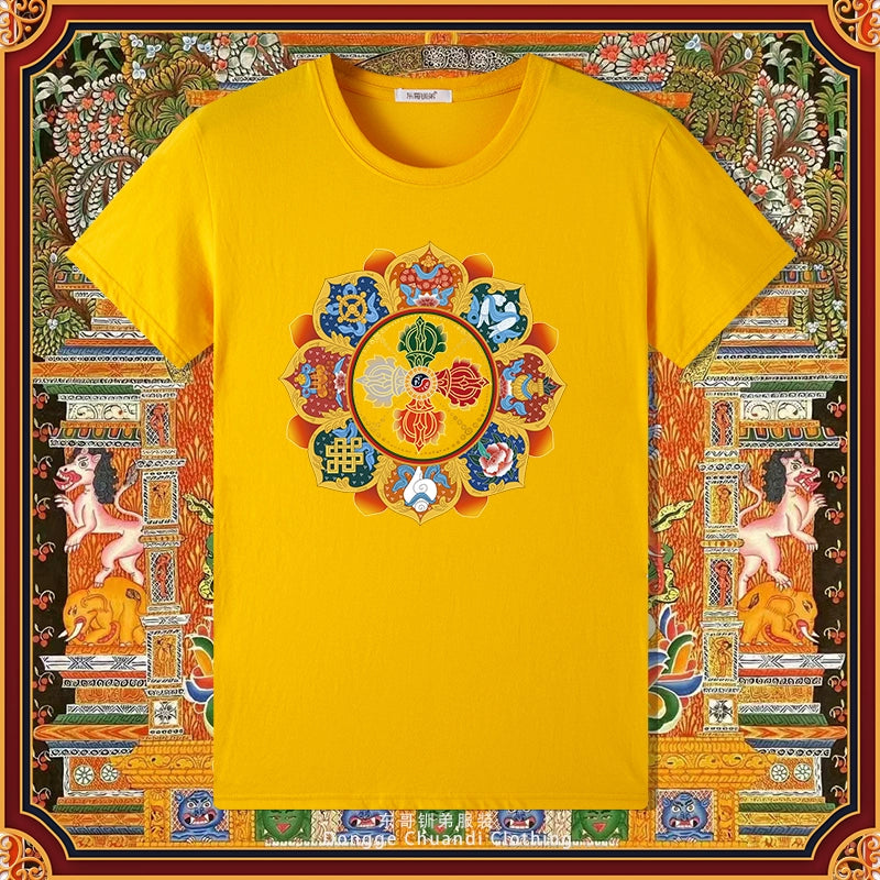 Diamond Pestle Babao New Printed Pure Cotton Mantra Wheel T-shirt Top, Buddhist Men's and Women's High-end Clothing