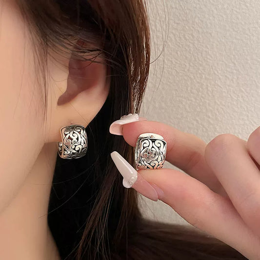 Cloud Ear Buckle Tibetan Style Retro Old Thai Silver Tang Grass Pattern Earrings