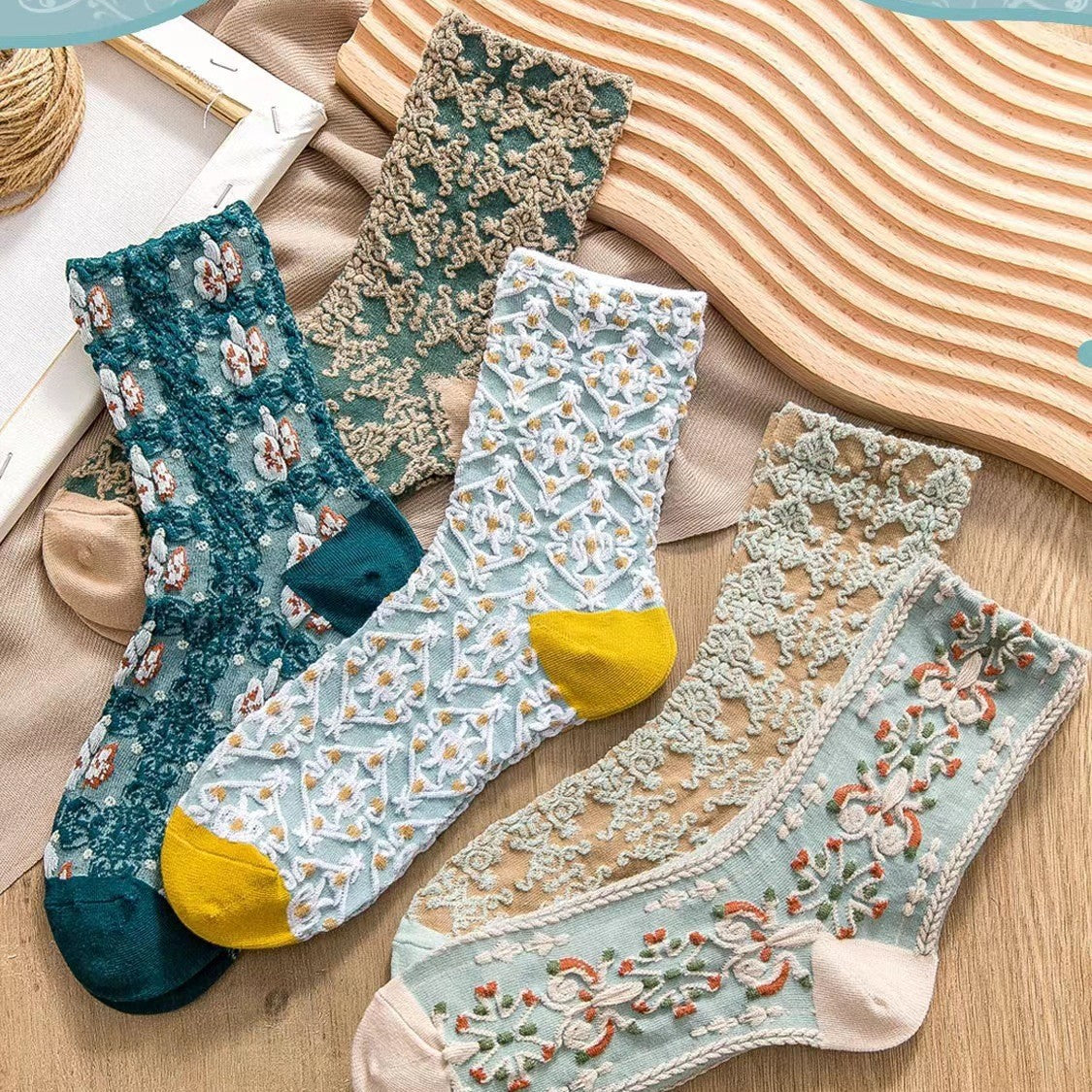 Socks Women's Court Style Retro Medium Tube Socks Three-dimensional Relief Autumn and Winter Women's Socks Floral Literary High Stockings Cotton - emogogo
