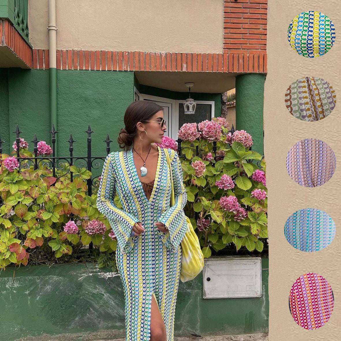 Popular Contrasting Color Lace Hollow Beach V-neck Low-cut Front Split-ended Dress