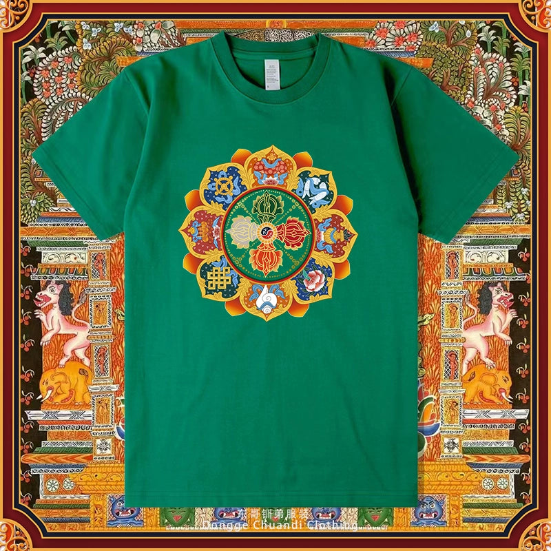 Diamond Pestle Babao New Printed Pure Cotton Mantra Wheel T-shirt Top, Buddhist Men's and Women's High-end Clothing