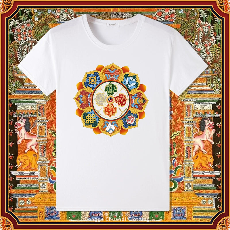 Diamond Pestle Babao New Printed Pure Cotton Mantra Wheel T-shirt Top, Buddhist Men's and Women's High-end Clothing