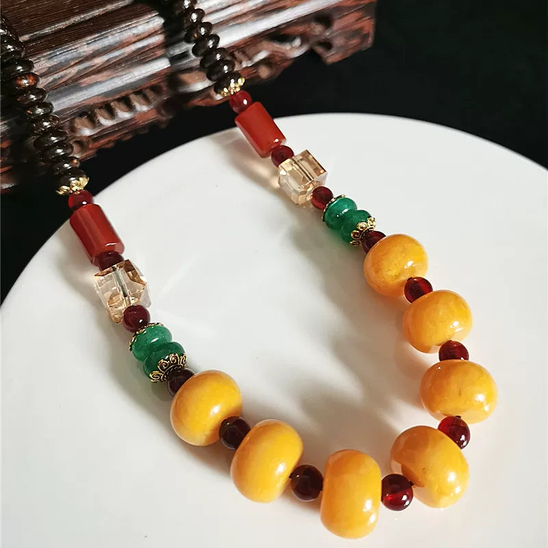 Original Design Classic Tibetan Beeswax Cake Necklace Chicken Oil Yellow Amber Clavicle Chain Female Ethnic Style Retro Neck Jewelry