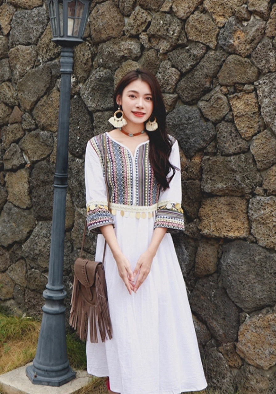 Ethnic Style New Spring and Summer Splicing Patch Cotton Linen Tassel Dress