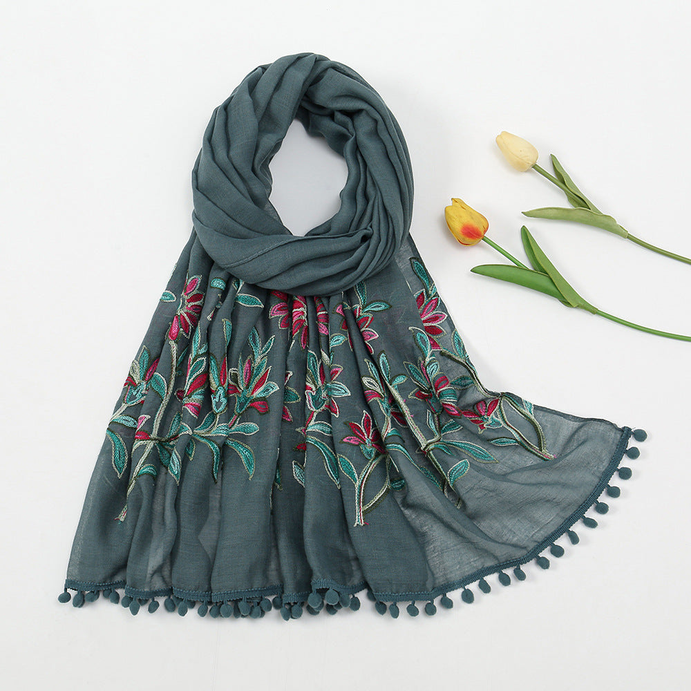 New Embroidered Furball Scarf, Cotton and Linen Shawl, Women's Ethnic Style Retro Style, with Spring and Autumn Scarf