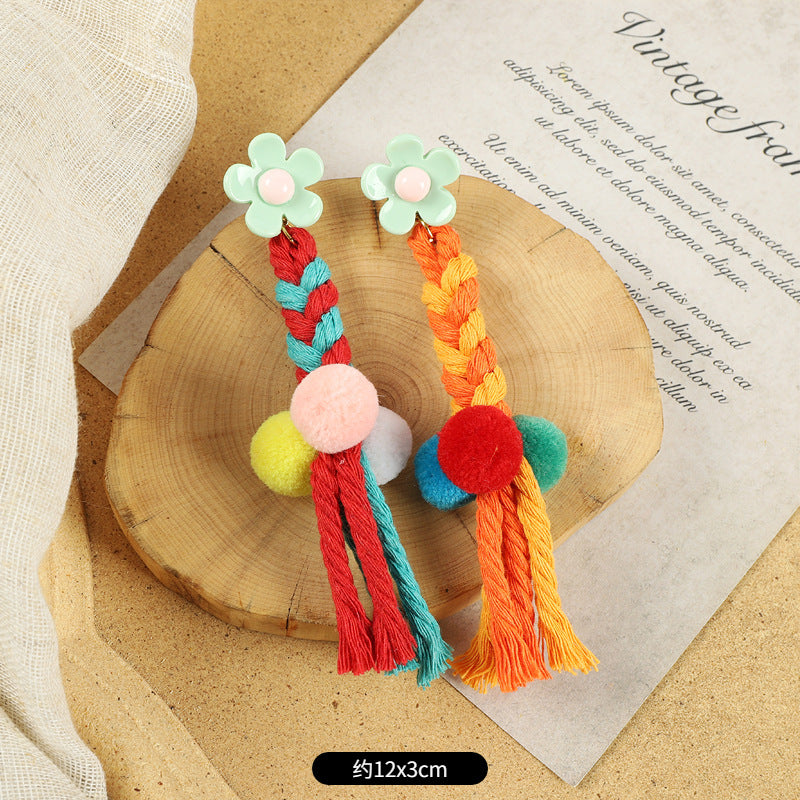 Ethnic Style Plush Ball Earrings Vintage Bohemian Long Personalized Colorful Plush Ball Earrings Holiday Tassel Earrings