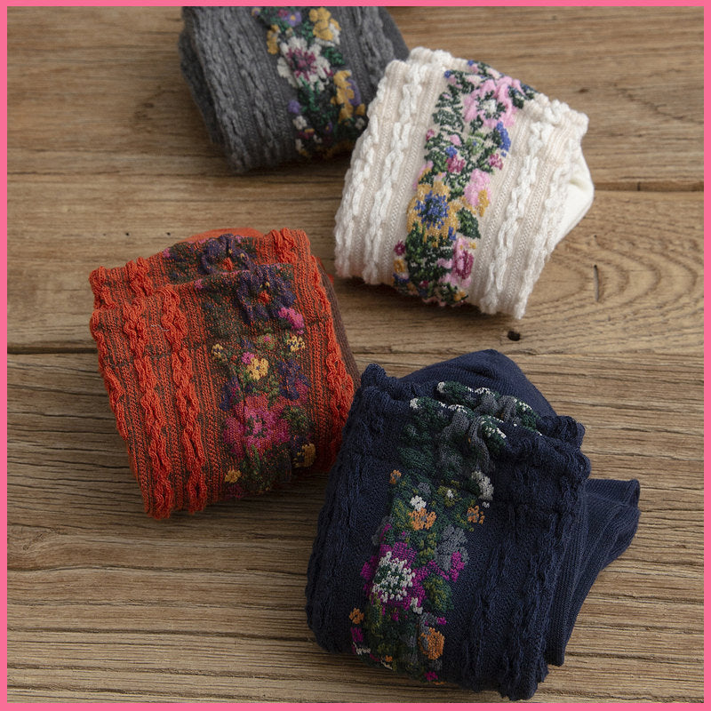 Twist Pattern Medium Tube Women's Literary Cotton Socks Ethnic Style Flower Dark Pattern Socks