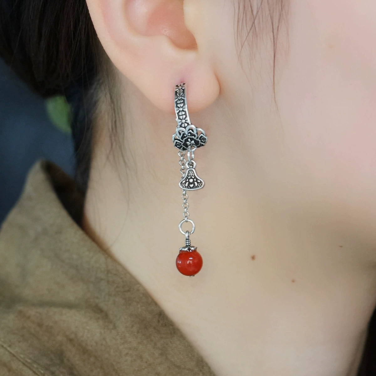 925 Silver Retro New Tibetan Style Tassel Asymmetric Earrings Women's Niche Design