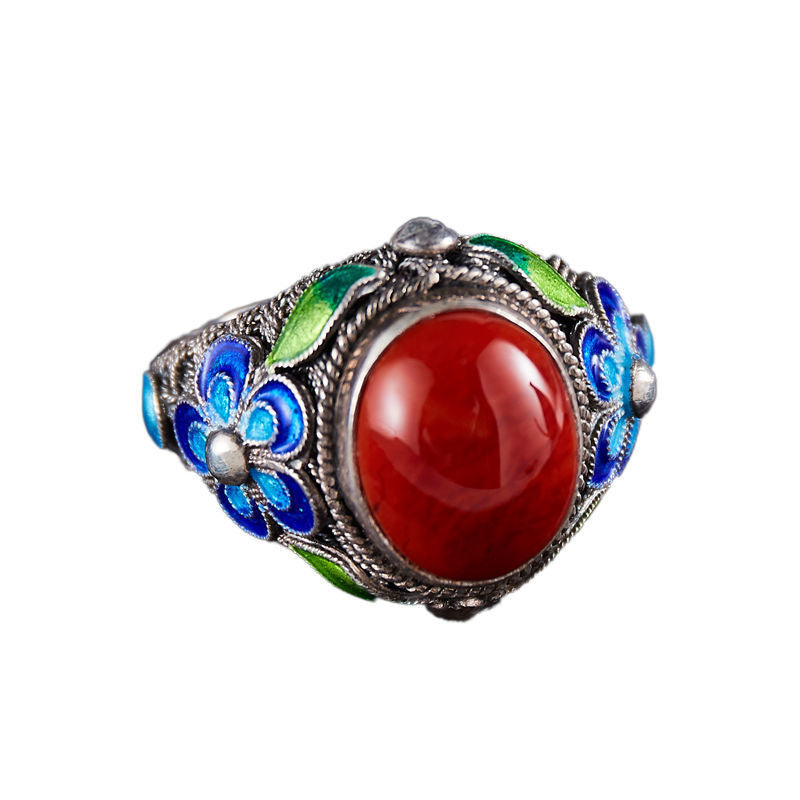 South Red Stone Blue Pattern Ring Lady's Court Vintage Distressed Band Silver Adjustable Open Ring