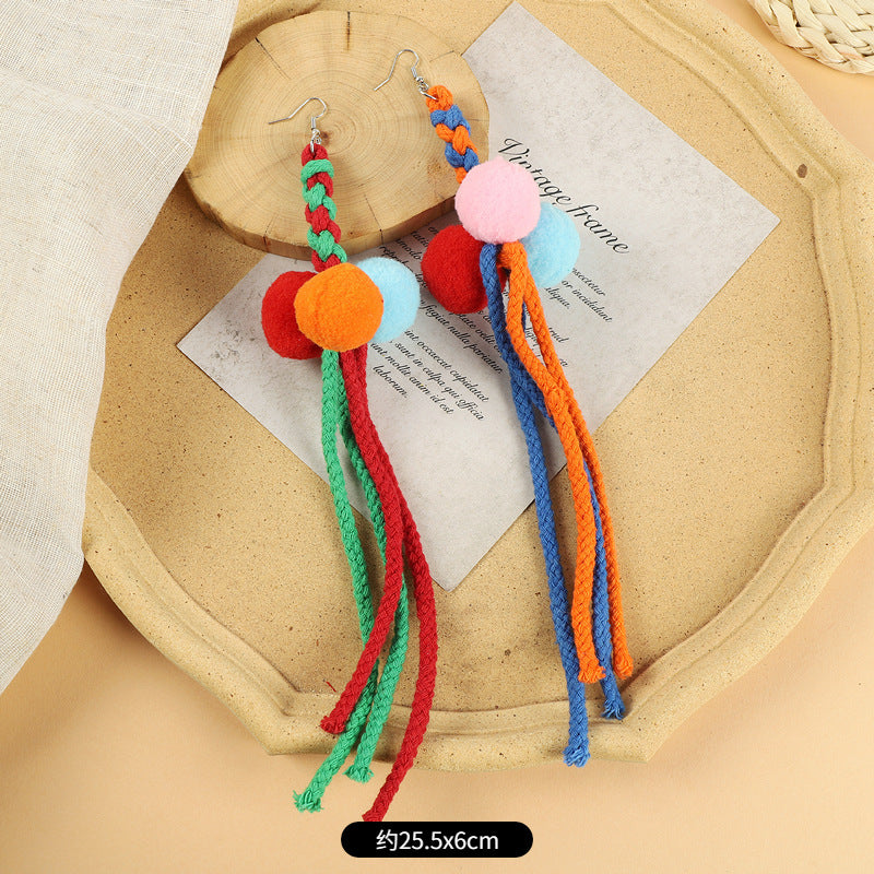 Ethnic Style Plush Ball Earrings Vintage Bohemian Long Personalized Colorful Plush Ball Earrings Holiday Tassel Earrings