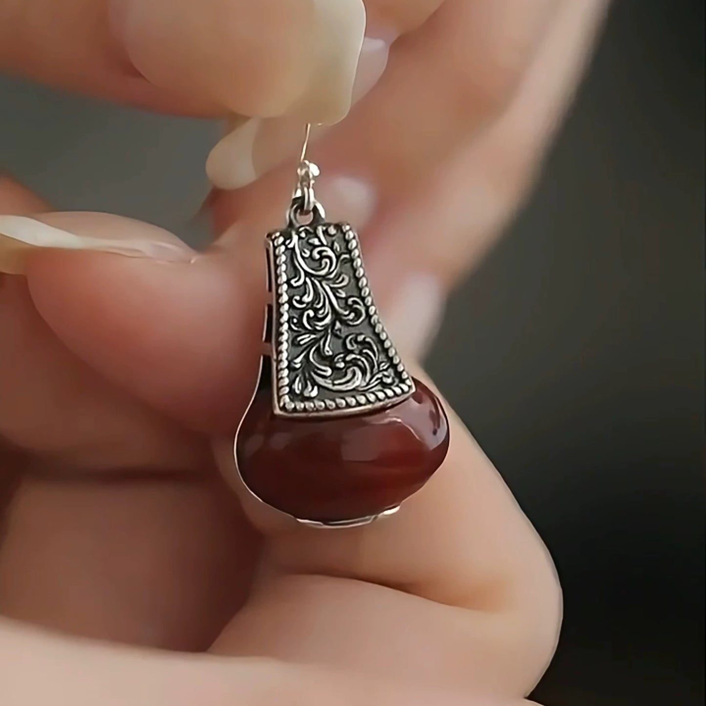 925 Silver Retro Tang Grass Pattern Red Lantern Agate Earrings Ear Hook Water Bottle Ethnic Style Niche High Sense