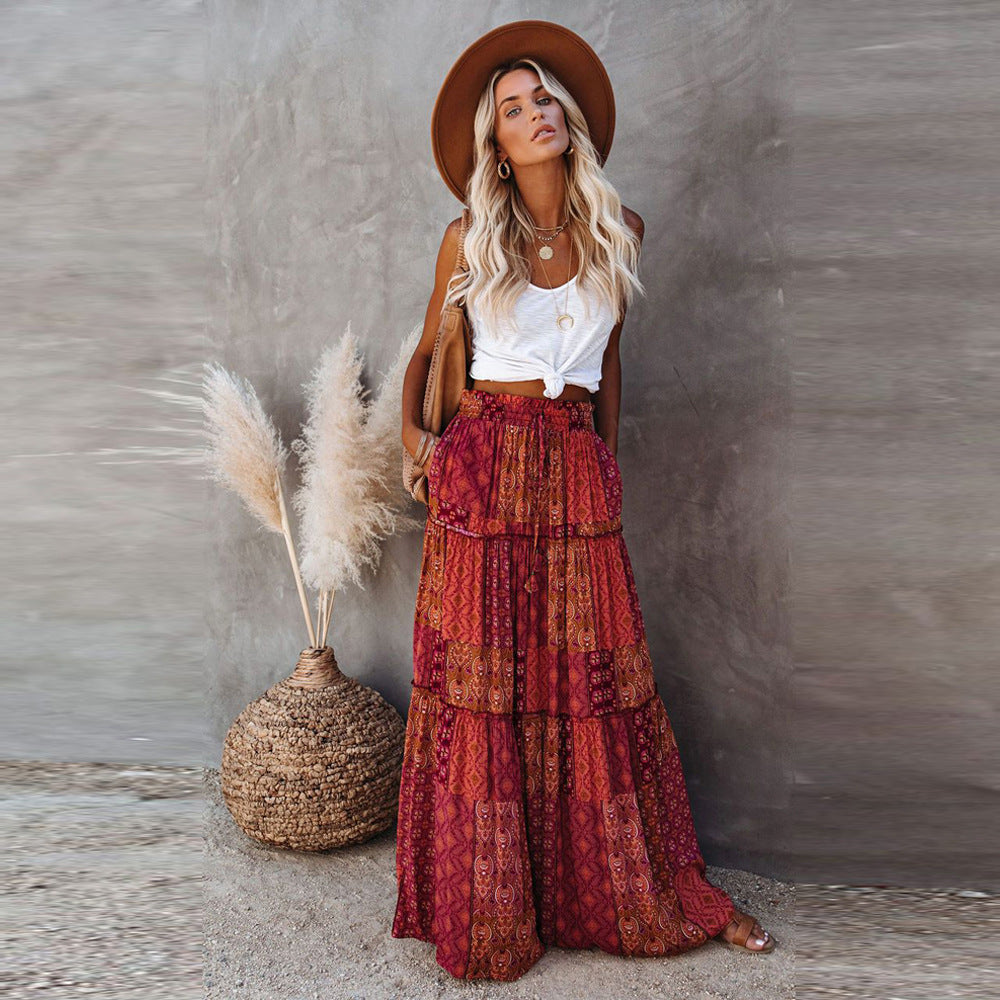 New Bohemian Style Skirt, Loose Fitting Casual High Waisted Long Skirt